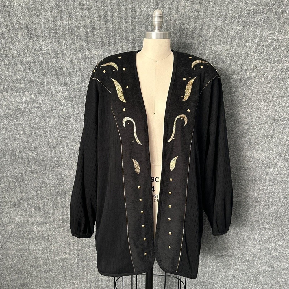 Vintage 80s Jon Pierre Womens Cardigan L Black Gold Oversized Sweater - Picture 3 of 12